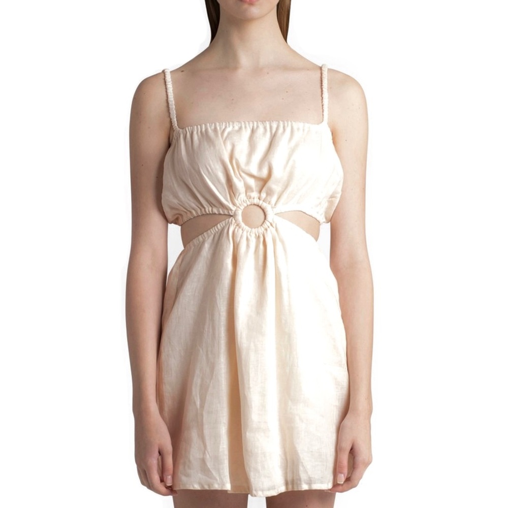 NEW FAITHFULL THE BRAND BEIGE LINEN CUT-OUT MINI DRESS